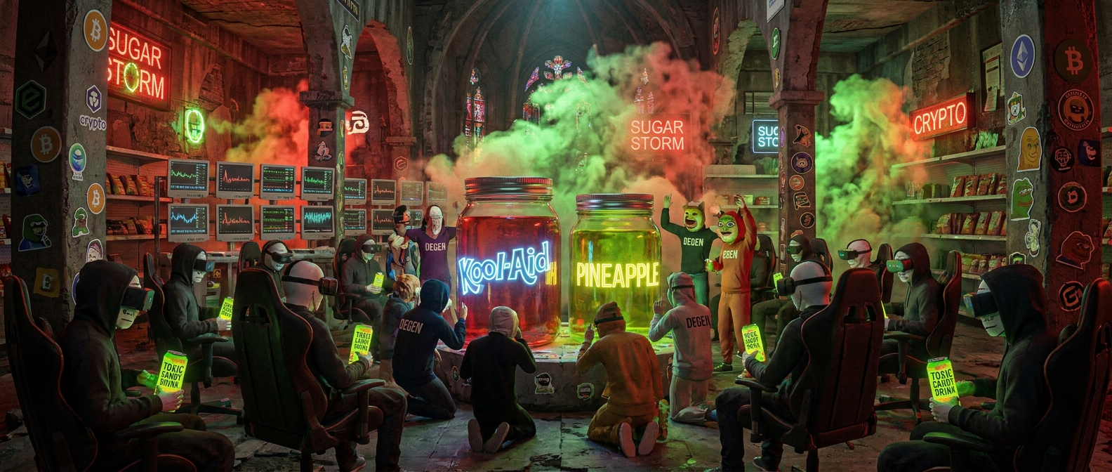 A dark sugar challenge lab scene lit by red and green neon