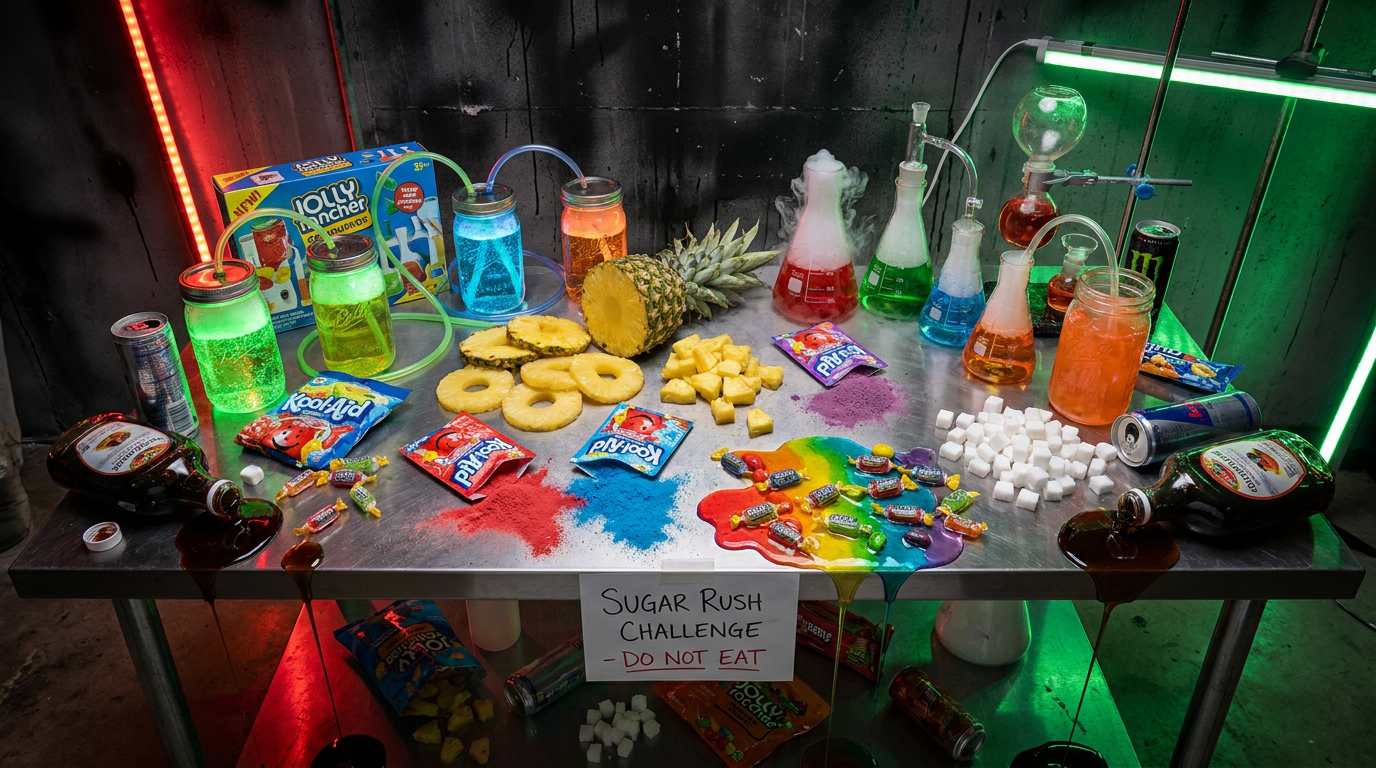 A neon lab table covered in pineapple, candy, Kool-Aid, and sugar