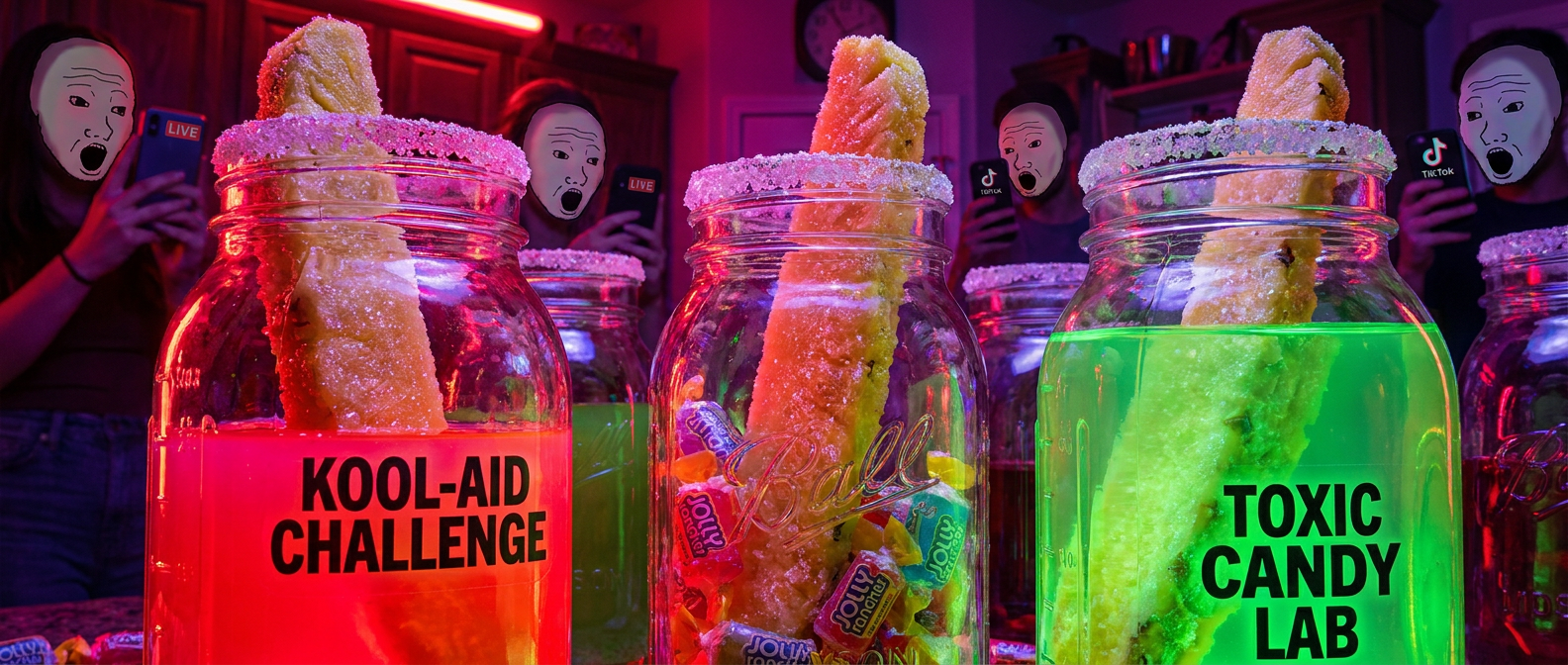 Cinematic neon gathering around giant jars of Kool-Aid and pineapple